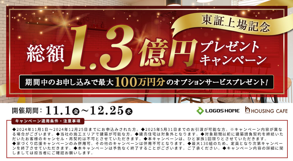 東証上場記念　総額1.3億円プレゼントキャンペーン 期間中のお申し込みで最大100万円分のオプションサービスをプレゼント！ 開催期間11.1（金）〜12.25（水）